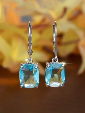 1 对 S925 纯银耳夹，粗犷的矩形海蓝宝石镶嵌，无需耳洞的海洋蓝首饰，女士奢华海滩度假配饰。