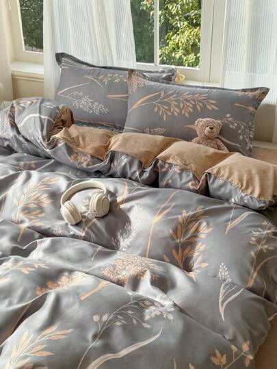 4pcs Grey & Brown Botanical Leaf Print Bedding Set (1pc Duvet Cover, 2pcs Pillowcase, 1pc Flat Sheet), Elegant Pastoral Style, Skin-Friendly And Comfortable, Suitable For Single/Double Bed, All Seasons