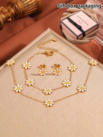 4件套可爱雏菊不锈钢首饰套装 - 圣诞礼物佳选，金色首饰套装，适合全年日常佩戴，生日、婚礼、情人节礼物皆宜