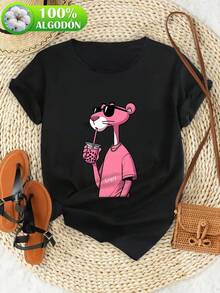 Una camiseta de algodón de cuello redondo para mujer de estilo casual, camiseta de algodón para mujer de moda: estampado de un leopardo rosa estilo té con burbujas + 'Enjoy', creando un look dulce y llamativo para salir, ropa de mujer de estilo retro - Negro - Ver 1