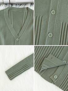 V-Neck Design With Thin Buckle, Long Sleeve, Ribbed Sweater, Bottom Cardigan For Women, Autumn/Winter,Homecoming - Grass Green - View 9