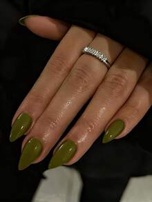 24片橄榄绿亚克力杏仁形哑光苔藓绿假指甲，中号不透明纯色美甲贴纸，带背胶，可重复使用软胶 - 彩色 - 查看 2
