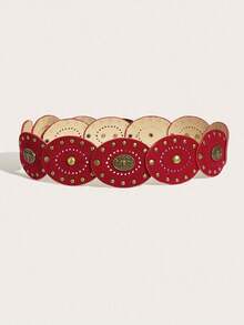 1pc Women's Heart Patchwork Rivet Decor Western Retro Waist Belt Accessory, American Vintage Style In Stock - Coffee - View 2