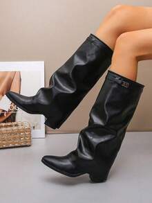 Women's Western Boots, Foldover Pleated Over-The-Knee Boots For Winter, Elegant Versatile Comfortable Buckle Boots, Autumn/Winter High Heel Shark Mouth Boots Suitable For Music Festivals, Parties And Vacation Style