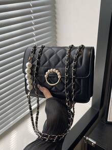 2023 Novo Verão Bolsa Transversal Minimalista com Corrente de Pérolas, Bolsa de Ombro Quadrada Mini Fashionable para Mulheres
