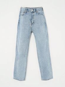 European & American Style Women Casual Versatile Stretch Fitted Light Blue Washed Denim Straight Leg Jeans, Daily Wear - Light Blue - View 8