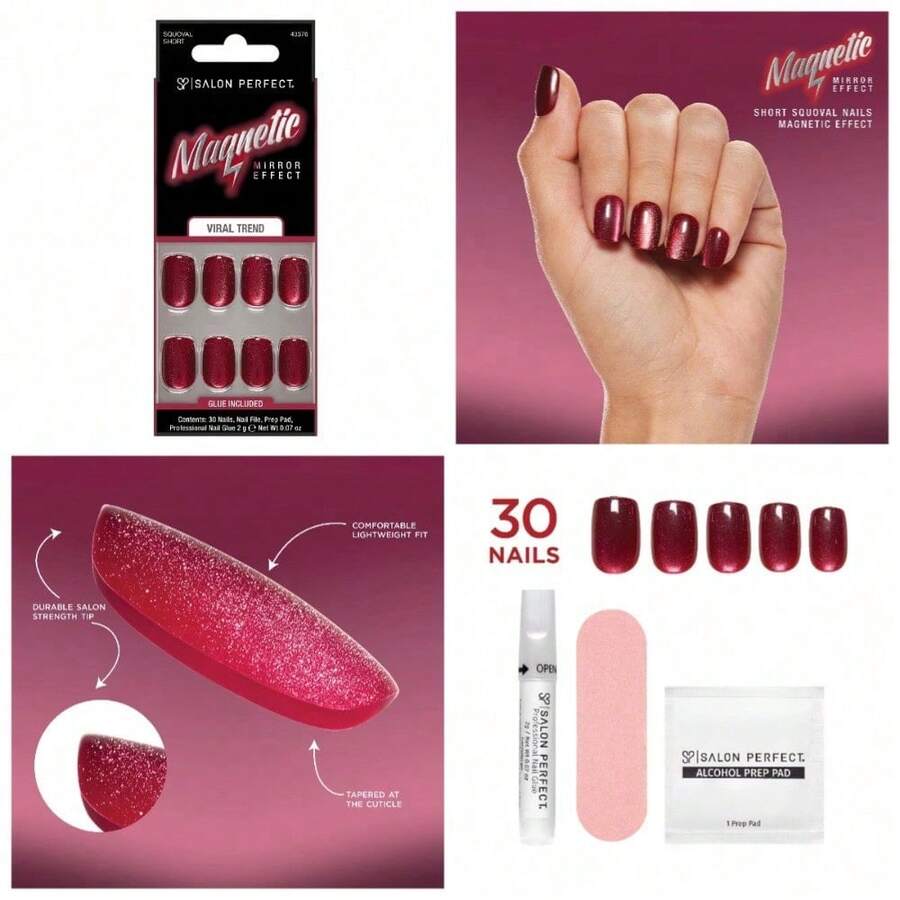 Artificial Fake Press Ons, 419 Magnetic, Cherry Mocha, Short Squoval, File, Glue And Prep Pad Included, 30 Nails - 1 - 查看 1