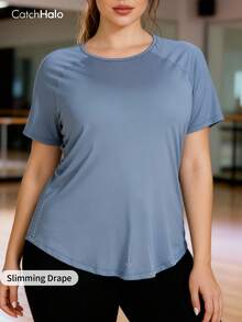 Plus Size Women's Short Sleeve Fitness T-Shirt, Round Neck Raglan Sleeve Design, Breathable Perforated Back, Quick-Dry Fabric, Hip-Covering Summer - Blue - View 2