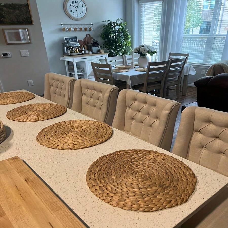 1/2/4Pcs 12*12In Handmade Woven Placemats Dining Table, Bohemian Style Round Placemats, Non-Slip Washable Vintage Table Mat, Home Dining Wedding Decoration Place Mats Set, Kitchen Accessories, Coasters, Home Decor, Table Decor, Teacup Insulator Mat, Placemats For Dining Table, Suitable Dining Table, Coffee Table, Family Gathering, Wedding Party Coffee Table