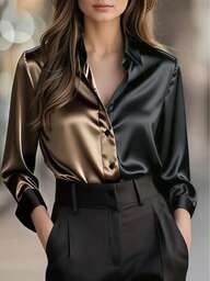 1pc Women's Satin Button Front Colorblock Elegant Commuter Fashion Long Sleeve Shirt, Suitable For Office, Holiday, Daily Wear, Dates, All Seasons