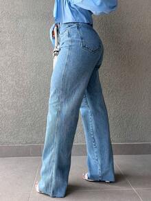 Kissmelady 8346 Women's Plain Wide Leg Pants 8346 - 中等水洗藍 - 查看 5