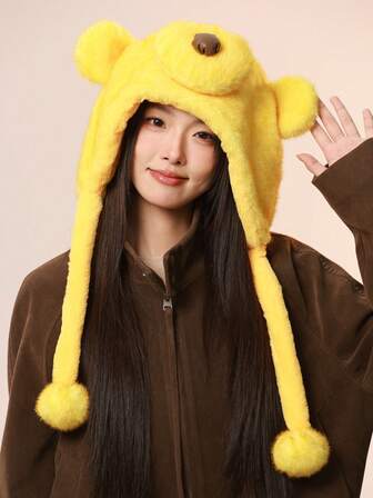 1pc Women's Cute Bear Ear & Nose Design Hat, Fashionable Casual Versatile Warm Earmuff Hat, Suitable For Autumn/Winter Outdoor, Sports, Commuting, Thickened Comfortable Fuzzy Ball Long Cord Plush Hat, Suitable For Daily And Holiday Use