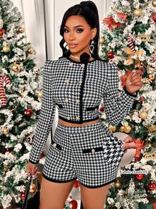 AIJ Amarilo Classic Black & White Houndstooth Pearl Embellished Blazer Jacket Paired With Shorts, A Chic 2 Pieces Set Suitable For Daily Shopping And Commuting, A Fashionable Choice For Young Women In Autumn/Winter - Black and White - View 9