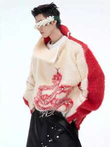 Autumn And Winter Styles, New Styles, Christmas Red Sweater, Faux Mink Fur, Snake, Pearl Embellishment, Fashionable, Contrasting Colors, Diagonal Zipper, Casual, Street Style, Handsome, Sweater, High Neck, Plush, Men's Sweater, Men's Top - 紅色 - 查看 2