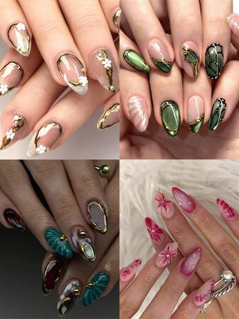 4 paquets (96 pièces) Ongles en gel poly à bout français en amande, ongles roses Y2k, ongles moyens super ombragés, paillettes brillantes, motifs géométriques, rayures, imprimés floraux, points ronds, motifs 3D, style sobre, ongles acryliques réutilisables, faux ongles, fournitures pour ongles, avec 24 pièces de languettes de gelée et une mini-lime incluses