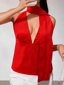 Women's Halter Neck Vest Summer Sleeveless Open Back Solid Color Satin Tank Tops - 紅色 - 查看 4
