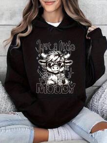Just A Little Moody Cow Graphic Hoodie Women  Sweatshirt Funny Animal Print Pullover Top Streetwear Fashion Gift For Cow Lover - Black - View 1
