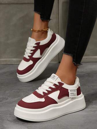 Women's Lace-Up Thick Sole Breathable Leather Casual Sneakers, Fashion Versatile Outdoor Workout Simple Letter Sports Shoes