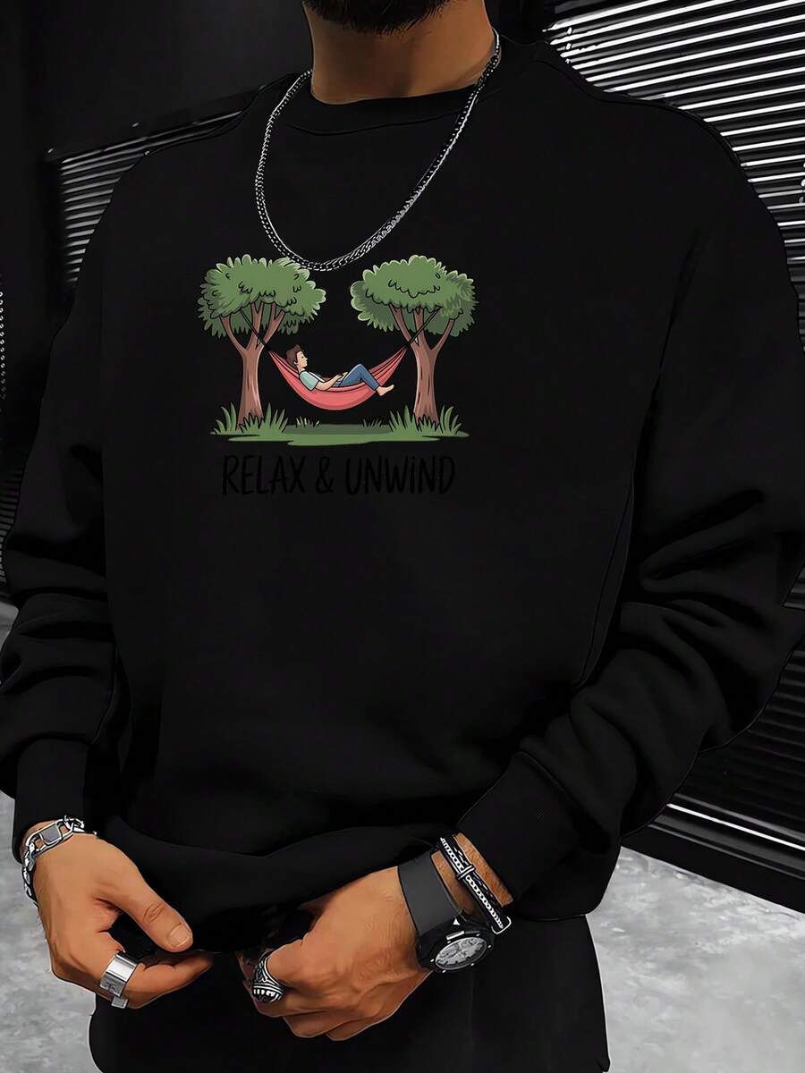 Men Casual Long Sleeve Crewneck Sweatshirt Relax Unwind Graphic Pullover Light Grey Everyday Lounge Wear For Home Office Outings Machine Washable Relaxed Fit Sweater Cute Sweatshirts Office Casual Printed Design Soft Fabric Cozy Sweater Weekend Outfit - màu đen - Xem 1