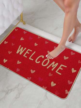 1 pieza Felpudo con base roja, corazones multicolor y "BIENVENIDO", felpudo de baño de secado rápido y absorbente, felpudo de estilo alfombra roja festiva para la entrada, felpudo lavable antideslizante para la puerta, felpudo decorativo para exteriores, felpudo rascador de zapatos para la entrada