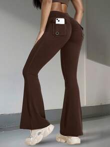 Pantalones de yoga de cintura alta con bolsillos elásticos que levantan y dan forma, con campana - Marrón - Ver 3