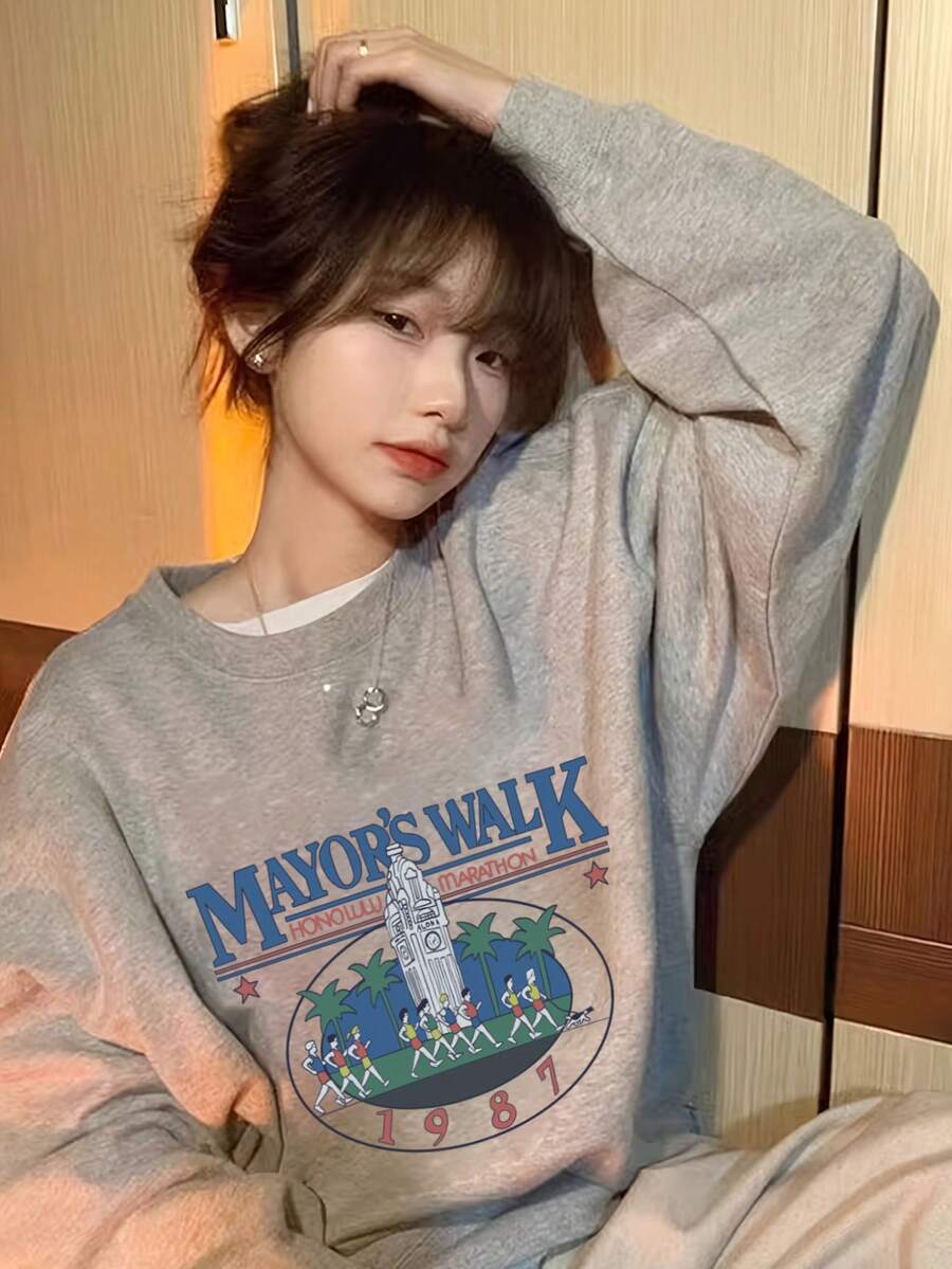 女式宽松休闲高端圆领运动衫，秋冬 - 深花灰 - 查看 1