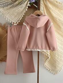 2pcs/Set Girls Hooded Floral Patchwork Fleece Sweatshirt And Pants Set, Autumn/Winter - Pink - View 2