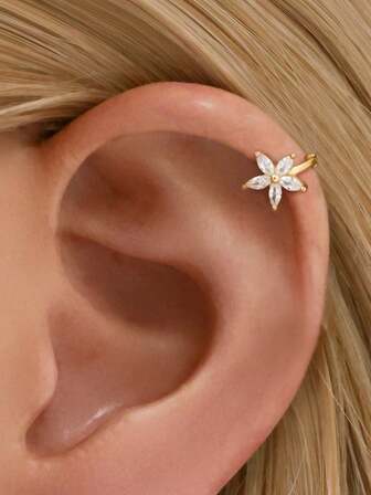 2pcs Elegant Flower Hoop Earrings With Shiny Cubic Zirconia, Featuring A Simple Five-Leaf Clover Design, Suitable For Girls And Ladies For Daily Wear And Parties