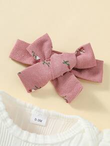 3件套女婴春秋季套装：白色罗纹长袖连体衣、碎花吊带蛋糕裙、蝴蝶结发带、可爱休闲装 - 彩色 - 查看 4