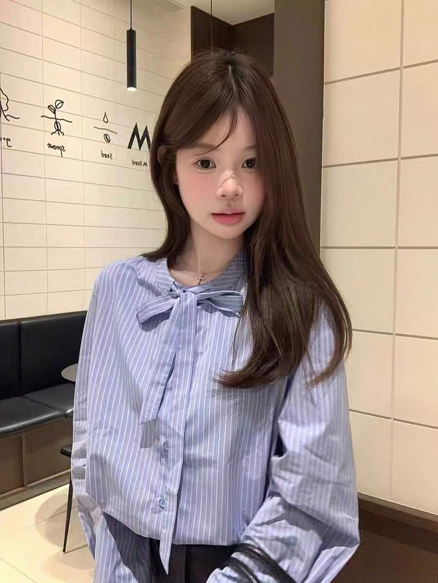 蝴蝶结肩带条纹长袖衬衫，优雅女士衬衫 - 藍色 - 查看 1