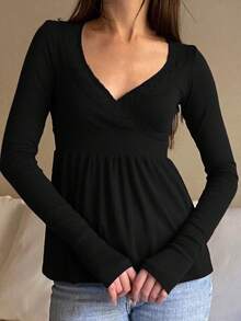 .Women Y2k Fairy Grunge Babydoll Tops Long Sleeve V Neck Slim Fit Aesthetic Shirts E Girl Vintage Coquette Blouses - màu đen - Xem 2