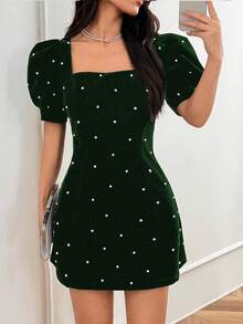 Elegant French Romantic Party Dress With Puff Sleeves And Pearl Embellished Mini Skirt, Suitable For Birthday Party, Date Night - Green - View 5