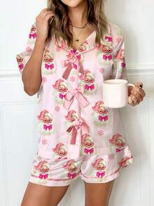 Women Christmas Pajamas Set Santa/Tree Print Tie Front Short Sleeve Tops And Shorts 2 Piece Sleepwear Outfit - Hot Pink - View 6