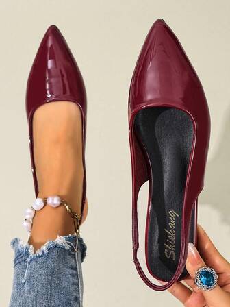 Women's Patent Leather Sandals, New Spring/Autumn Low Vamp Flat Pointed Toe Hollow Out Elastic Band Red Flat Shoes, Solid Color Beach Transparent Version