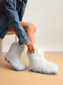 Women's Faux Fur Boot Furry Fluffy Round Toe Suede Winter Comfy Plush Warm Short Outdoor Indoor Flat Shoes Mid-Calf Boots Suitable For Party Festivals Festivals White Boots - 白色 - 查看 7