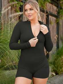 Mono casual de mujer con cremallera frontal, manga larga y cuello alto en unicolor - Negro - Ver 8