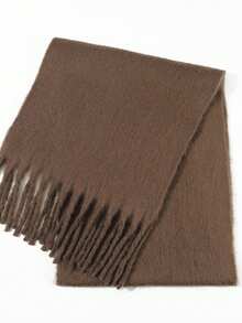 1pc Thick Solid Color Fleece Mohair Tassel Scarf, Chic Autumn/Fall Warm Couple Shawl, Soft & Comfortable Blanket Scarf, Suitable For Daily Wear - Coffee Brown - View 4