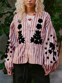 1 pieza Camisa suelta y cómoda con diseño de estampado de colocación elegante y casual para mujer, estilo bohemio de bloques de color a rayas para uso diario, ir al trabajo, brunch, festivales de música, primavera/otoño - Rosa - Ver 6