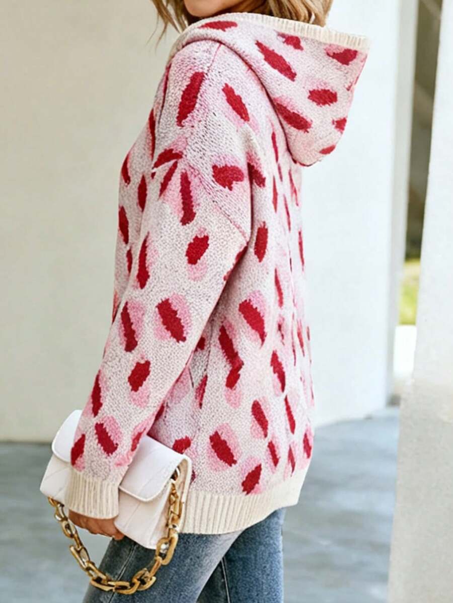Women's Pullover Sweater, Leopard Print Hooded Knit Sweater With Graphic Print Design, Fashionable