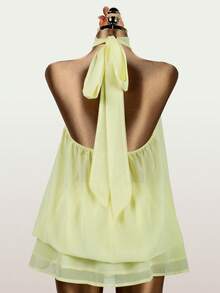 Summer Sexy Yellow Flowy Overall Dress Sleeveless Mesh Halter Neck Cute Short Dress Party Valentines Day Outfit - Yellow - View 4