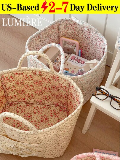 1Pc Floral Print Quilted Storage Basket Laundry Basket Large Capacity Portable Storage Bag Foldable Snack Basket With Handle For Women And Girls Cosmetic Storage Basket Toy Storage Basket Skincare Storage Basket Women Makeup Storage Multifunctional Storage Basket Cosmetic Organizer Home Decor Livingroom Bedroom Decor Bathroom Decor