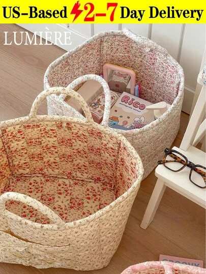 1Pc Floral Print Quilted Storage Basket Laundry Basket Large Capacity Portable Storage Bag Foldable Snack Basket With Handle For Women And Girls Cosmetic Storage Basket Toy Storage Basket Skincare Storage Basket Women Makeup Storage Multifunctional Storage Basket Cosmetic Organizer Home Decor Livingroom Bedroom Decor Bathroom Decor