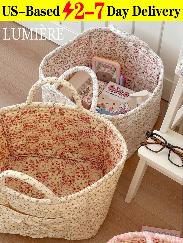 1Pc Floral Print Quilted Storage Basket Laundry Basket Large Capacity Portable Storage Bag Foldable Snack Basket With Handle For Women And Girls Cosmetic Storage Basket Toy Storage Basket Skincare Storage Basket Women Makeup Storage Multifunctional Storage Basket Cosmetic Organizer Home Decor Livingroom Bedroom Decor Bathroom Decor