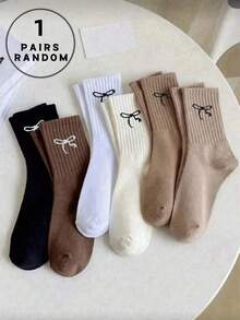 1/6 Pairs Women Neutral Color Wavy Bow Mid-Calf Socks - Multicolor - View 4
