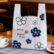 50pcs Printed Tote Bags, Blue Floral Pattern, Small Blue Floral Gift Bags, Cartoon Vest Bags, Thickened Shopping Bags, Supermarket Reusable Tote Bags, Packaging Bags, Plastic Packaging Bags, Jewelry Bags, Reusable Disposable Grocery Retail Bags, Suitable For Supermarkets, Restaurants And Daily Use.