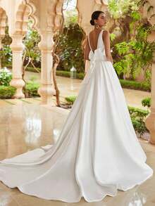 Elegant V-Ncek Beaded Satin Wedding Gown - Perfect For Christmas, Halloween, Weddings, Proms & Birthdays - trắng - Xem 2