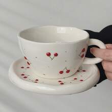 Cabin Kangaroo 1 Set Hand-Painted 3D Cherry Ceramic Cup & Saucer Set, Vintage Inspired Cherry & Blueberry Coffee Cup, Unique Countryside Style Afternoon Tea Set