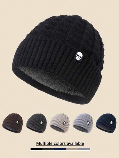 1顶骷髅头Logo针织帽，保暖内衬，柔软舒适，防风滑雪帽，时尚百搭，适合日常、工作、徒步旅行、寒冷天气（冬季）、夏季、海滩、度假等场合。