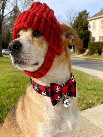 2pcs Knitted Wool Hat With Exposed Ears For Dogs - Red Head Cover With Red And Black Christmas Snowflake Pattern Collar - Indoor And Outdoor Warmth - Perfect For Pet's Christmas And New Year Gifts - Small Dog Clothing