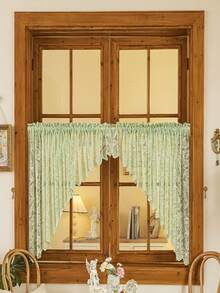 1pc Premium Lace Ruffle Sheer Curtain Panel, Elegant Design With Flower Trim Small Window Valance - Green - View 2